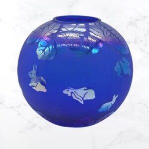 Vintage 1993 Arthur Court Designs Cobalt Blue Etched Satin Glass Iridescent Vase